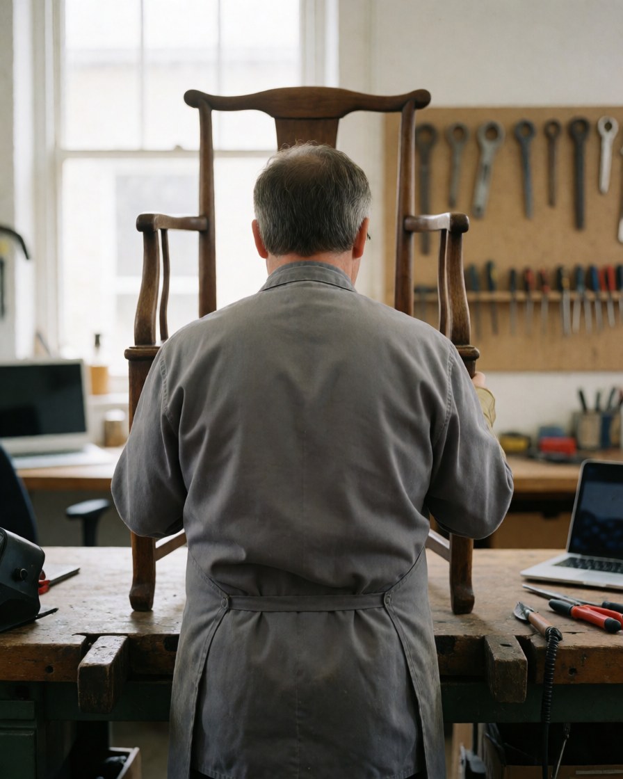 Un menuisier de dos examine une chaise coloniale restaurée dans un atelier bien éclairé avec des outils suspendus au mur.
