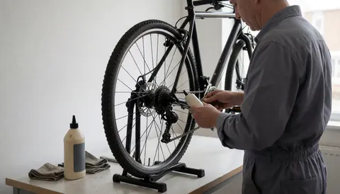 Un mécanicien applique du lubrifiant sur la chaîne d'un vélo dans un atelier aux murs blancs, avec une bouteille de lubrifiant sur la table.