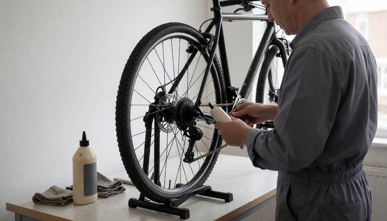 Un mécanicien applique du lubrifiant sur la chaîne d'un vélo dans un atelier aux murs blancs, avec une bouteille de lubrifiant sur la table.
