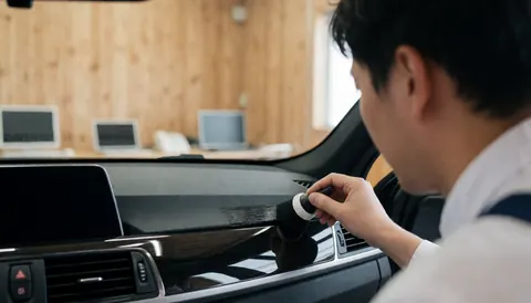 Application d'un gel restaurateur sur le tableau de bord d'une voiture dans un atelier de lavage automobile avec des murs en bois.