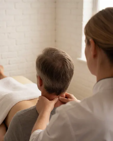 Un professionnel du massage applique une technique sur la nuque d'un client allongé sur une table recouverte d'une serviette blanche dans un espace lumineux.