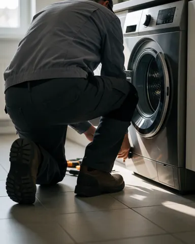Technicien agenouillé ajustant les pieds d'une laveuse à chargement frontal dans une cuisine carrelée baignée de lumière matinale.