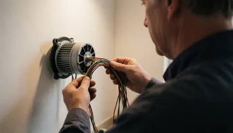 Technicien réparant un ventilateur avec des câbles colorés sur fond blanc et éclairage chaud, service de réparation en action.