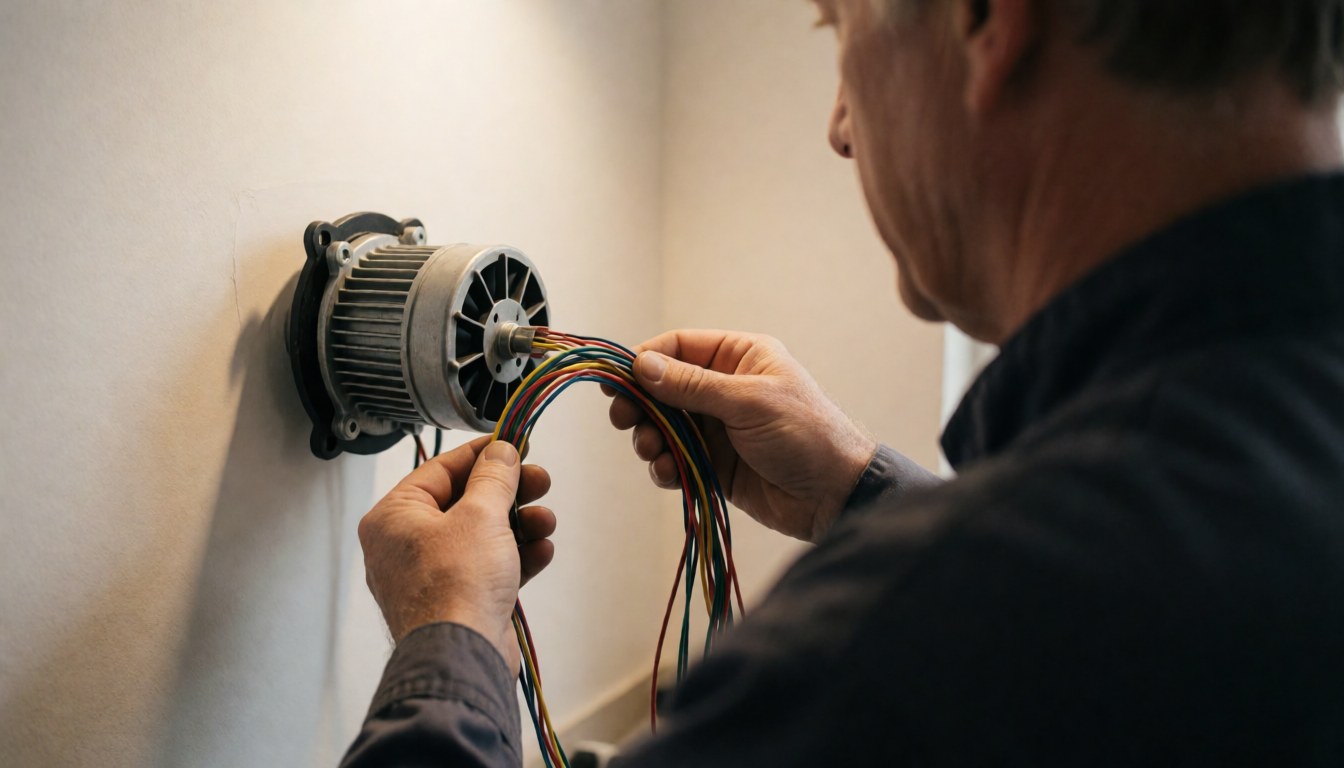 Technicien réparant un ventilateur avec des câbles colorés sur fond blanc et éclairage chaud, service de réparation en action.