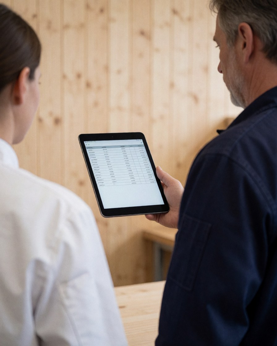 Une cliente consulte une liste d'inventaire numérique sur une tablette pendant qu'un employé la conseille dans un entrepôt aux murs en bois clair.