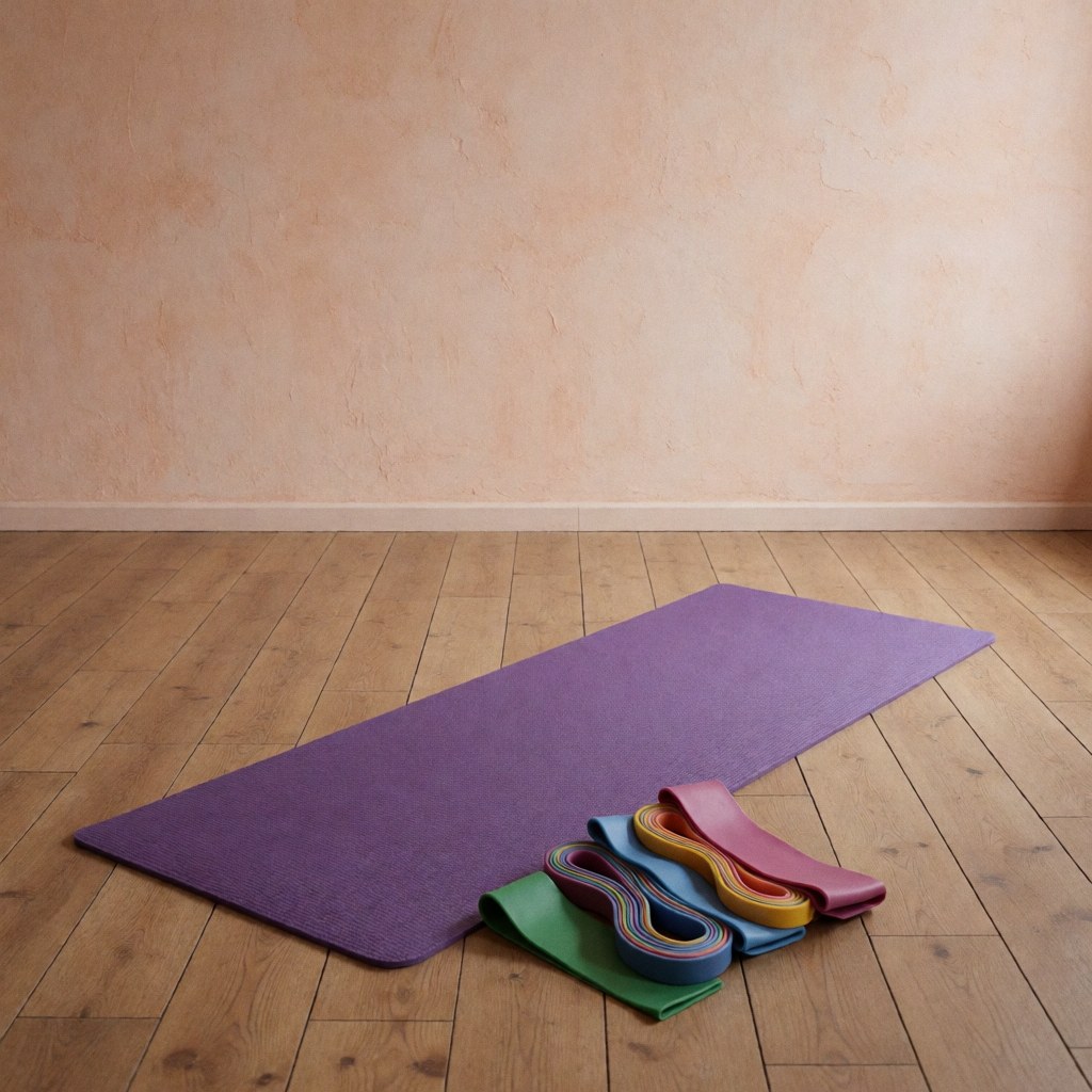 Tapis de yoga violet texturé et bandes de résistance multicolores sur sol en bois avec mur terracotta, idéal pour le fitness.
