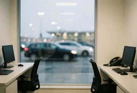 Bureau d'aéroport équipé d'ordinateurs, de téléphones et de chaises, offrant une vue floue sur les véhicules dans la zone de ramassage.