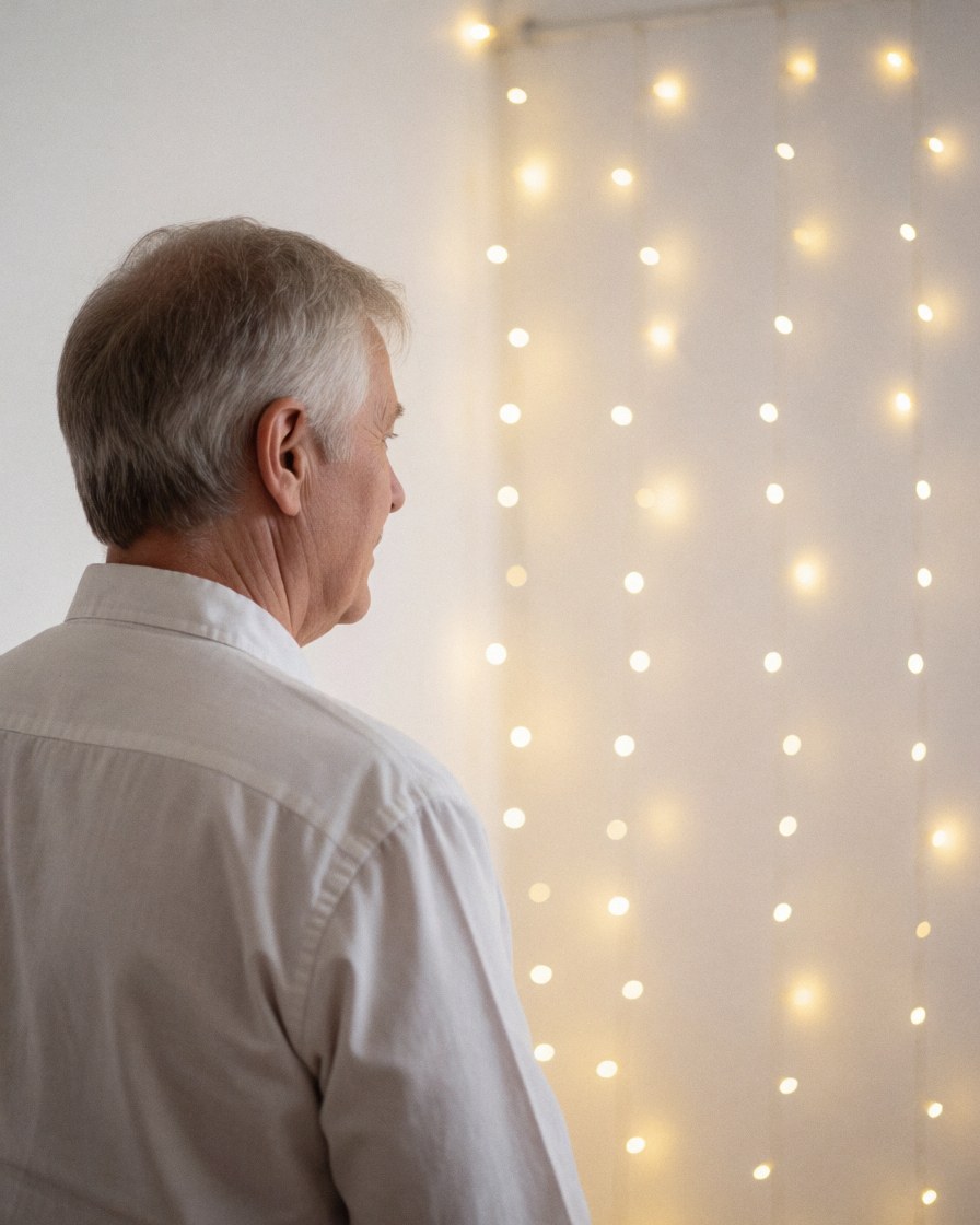 Un client adulte regarde un rideau de lumières LED dans un événement avec des murs blancs et une atmosphère magique pour l'éclairage d'événements.