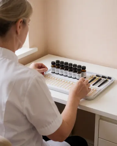 Une technicienne prépare des adhésifs et des pinceaux pour extensions de cils sur un comptoir blanc dans un environnement professionnel et lumineux.