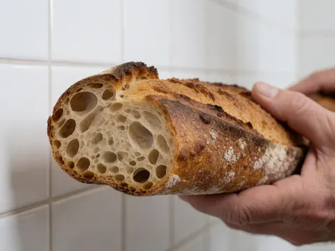 Mains tenant une baguette à la croûte croustillante et à la mie aérée, devant un mur de carreaux blancs, idéal pour la boulangerie artisanale.