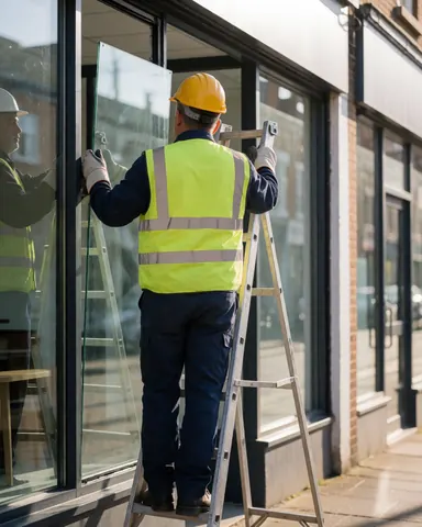 Un ouvrier en casque et gilet jaune pose un panneau de verre trempé dans un commerce, avec une échelle et la lumière du matin.