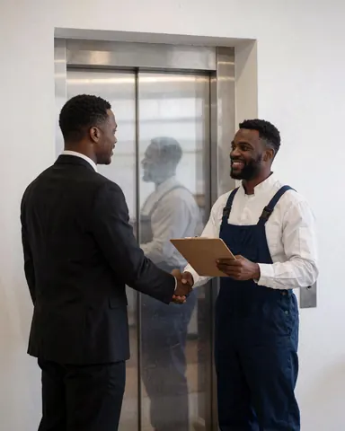 Un technicien en uniforme serre la main d'un client en costume devant une porte d'ascenseur, illustrant la satisfaction du service.