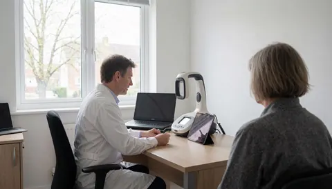 Dermatologue en blouse blanche utilisant un appareil de diagnostic cutané lors d'une consultation avec un client dans un bureau professionnel.