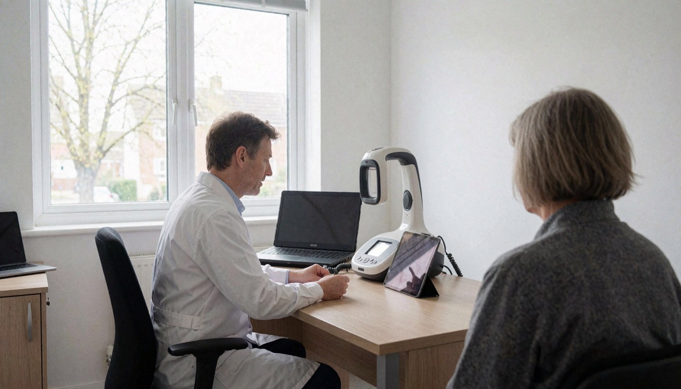 Dermatologue en blouse blanche utilisant un appareil de diagnostic cutané lors d'une consultation avec un client dans un bureau professionnel.