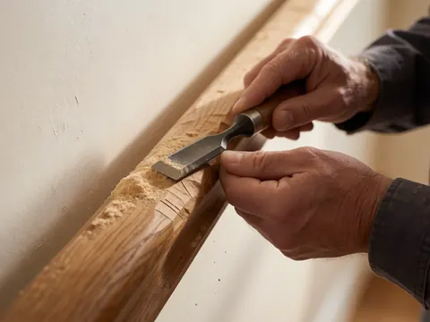 Mains d'un artisan sculptant le bois avec un ciseau, copeaux visibles, texture du bois et mur peint en arrière-plan sous lumière naturelle