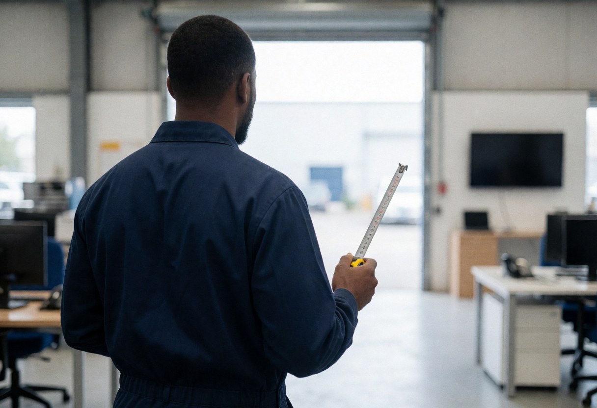 Technicien de dos tenant un compteur à bande dans une zone d'installation industrielle avec une porte de garage ouverte et une ambiance professionnelle.