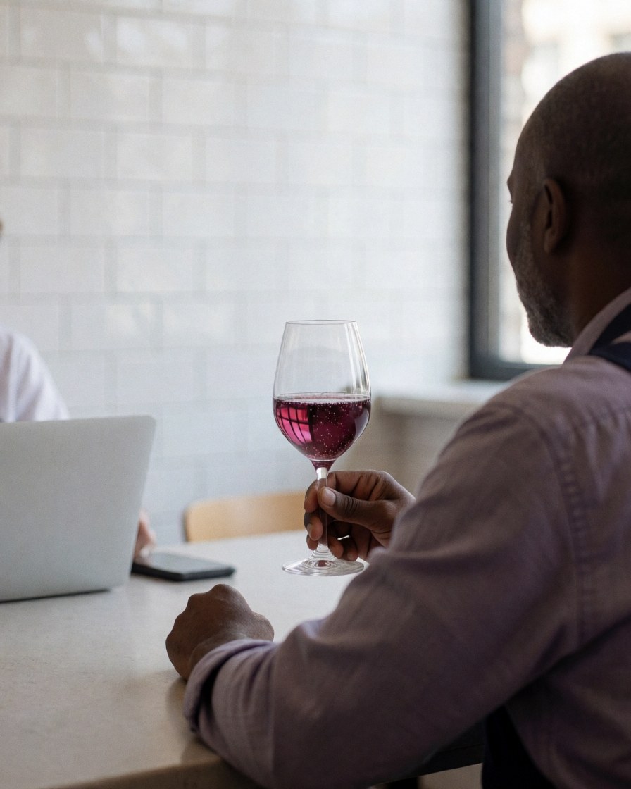 Une cliente heureuse déguste du vin dans une cuisine lumineuse avec des carreaux blancs et une table à manger.