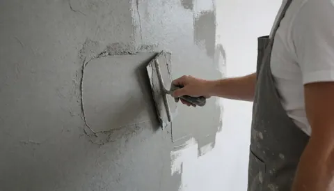 Un peintre professionnel applique du ciment décoratif sur un mur texturé à l'aide d'une truelle, dans le cadre d'un service de peinture décorative en cours.