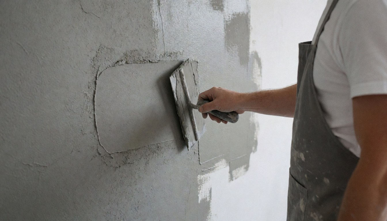 Un peintre professionnel applique du ciment décoratif sur un mur texturé à l'aide d'une truelle, dans le cadre d'un service de peinture décorative en cours.