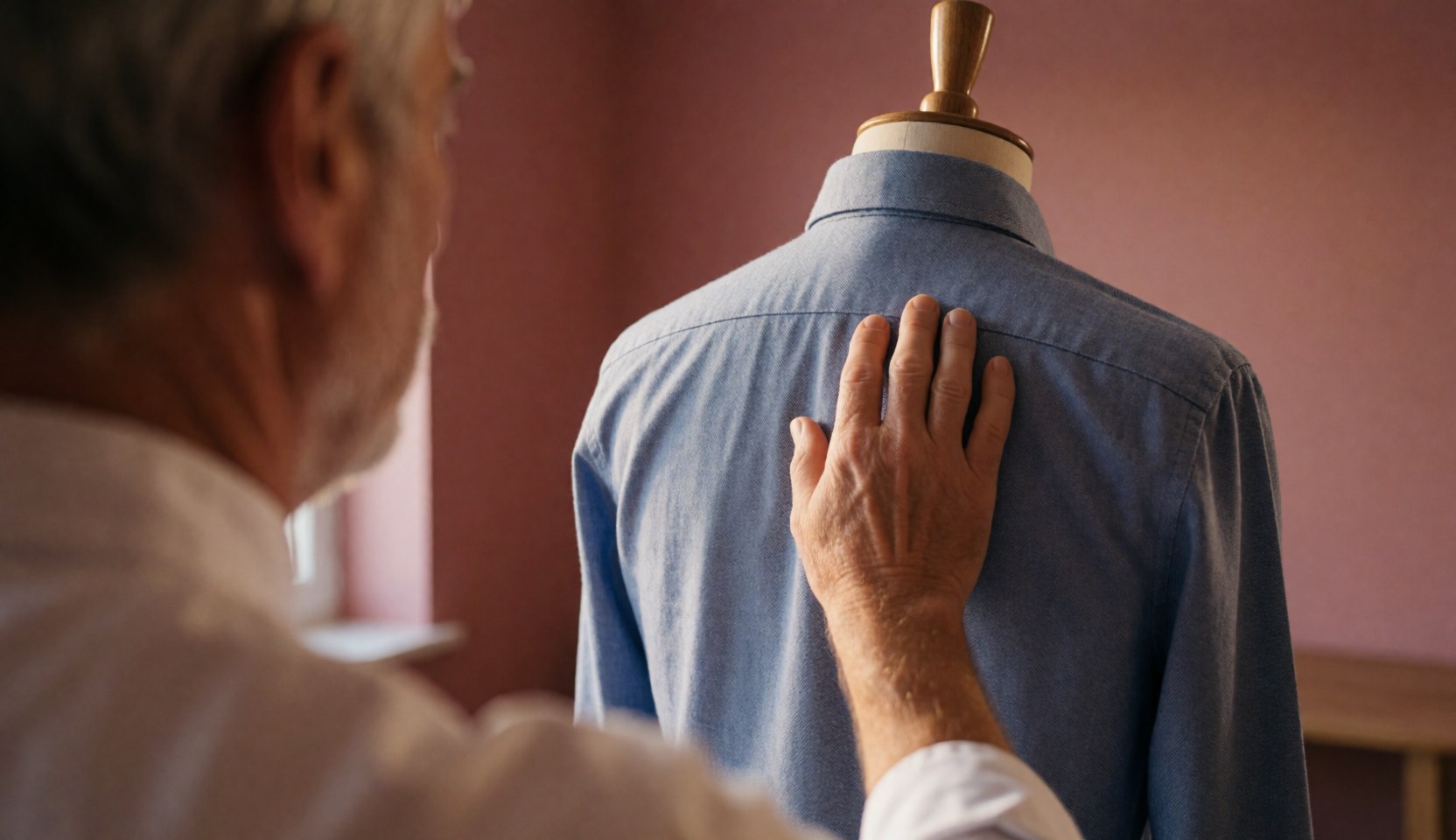 Une main ajuste une chemise bleue sur un mannequin dans un atelier aux murs roses et à la lumière chaude, illustrant le service de réparation de vêtements.