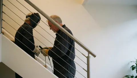 Deux ouvriers posent une rambarde en acier sur un escalier moderne à murs blancs, illustrant une intervention technique en cours.