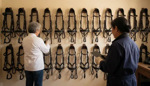 Deux professionnels vérifient des harnachements de cheval suspendus dans une sellerie, l'un portant des gants et l'autre utilisant une tablette.