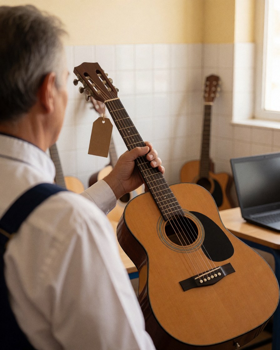 Un étudiant tient une nouvelle guitare acoustique avec une étiquette visible, dans une salle de musique aux murs carrelés, avec un ordinateur portable en arrière-plan.