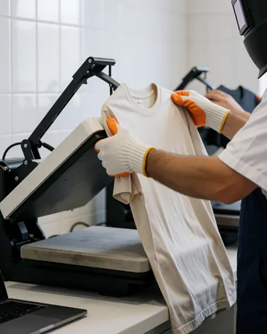 Un ouvrier retire un t-shirt fraîchement imprimé d'une presse thermique, portant des gants de protection, dans un atelier aux murs carrelés blancs.