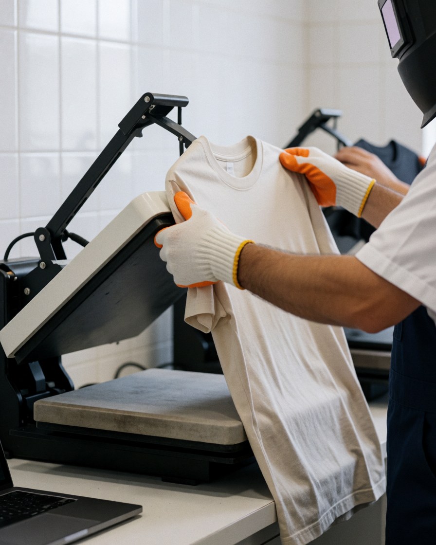 Un ouvrier retire un t-shirt fraîchement imprimé d'une presse thermique, portant des gants de protection, dans un atelier aux murs carrelés blancs.