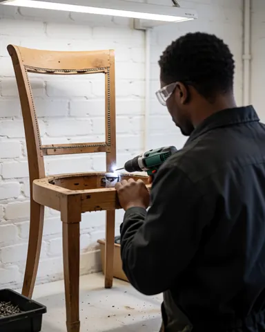 Technicien portant des lunettes de sécurité utilise une perceuse électrique sur une chaise en bois dans un atelier bien éclairé avec un mur de briques blanches.
