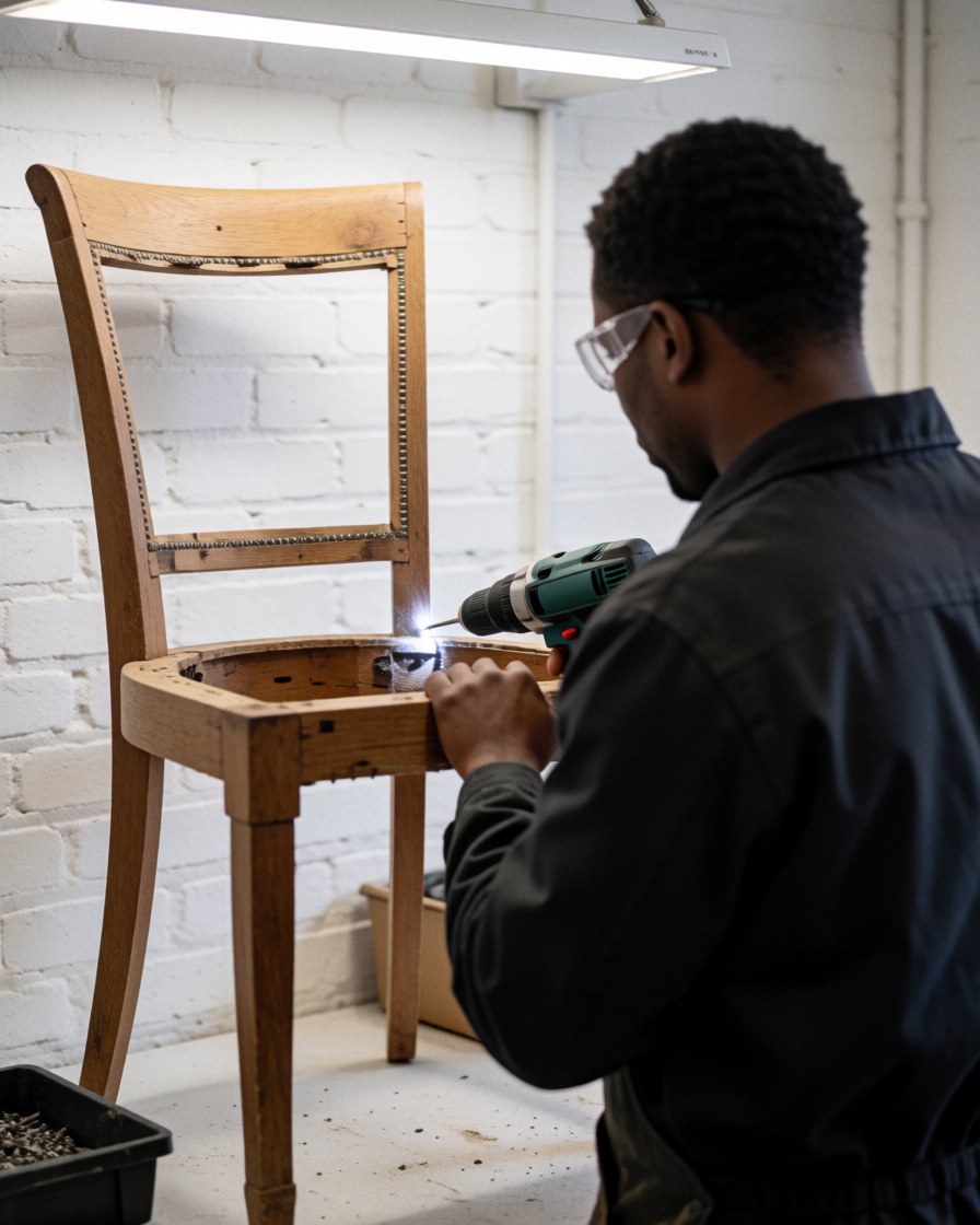 Technicien portant des lunettes de sécurité utilise une perceuse électrique sur une chaise en bois dans un atelier bien éclairé avec un mur de briques blanches.