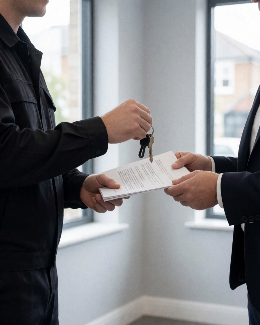 Un technicien de sécurité en uniforme remet des clés et un document à un client dans un bureau moderne avec de grandes fenêtres et des murs gris.