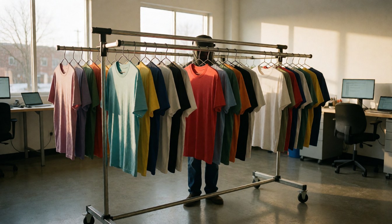 Atelier d'impression textile avec des t-shirts sur un présentoir métallique, éclairage naturel par les fenêtres et sol en béton poli.