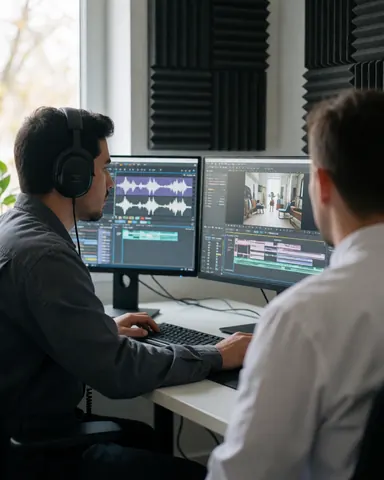Monteur vidéo travaillant avec un client devant deux écrans dans un studio insonorisé avec des panneaux acoustiques au mur