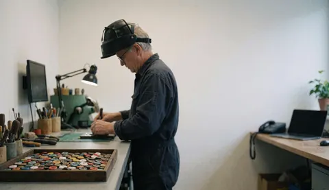 Vue d'un atelier de réparation de consoles montrant une bande de boutons colorés et des outils posés sur une table de travail.