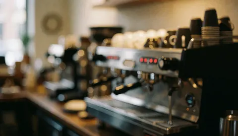 Fond flou d'une cafétéria avec une machine à café, des tasses empilées et une lumière chaude, idéal pour ajouter du texte.