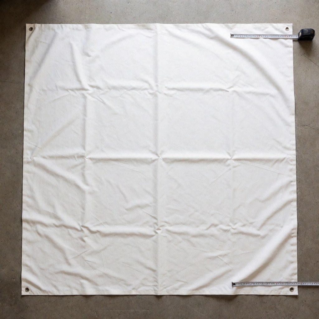 Tissu blanc de store avec crochets métalliques aux coins, sur sol en béton, avec mètre ruban pour mesurer, idéal pour l'installation de stores.