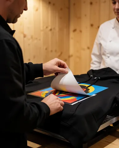 Un technicien retire une pellicule d'une sudadera noire à design coloré pendant qu'un client observe dans un atelier de textile.