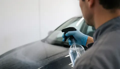 Un professionnel portant un gant bleu pulvérise une voiture noire avec un spray dans un atelier à mur blanc, illustrant le service de lavage automobile.
