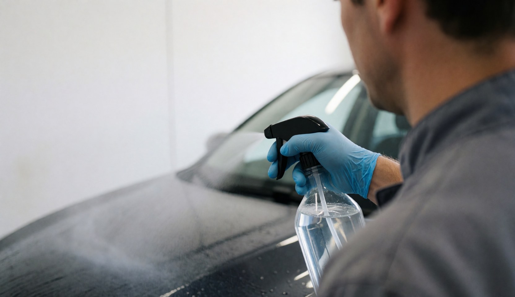 Un professionnel portant un gant bleu pulvérise une voiture noire avec un spray dans un atelier à mur blanc, illustrant le service de lavage automobile.