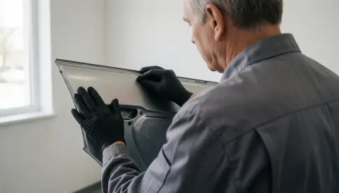 Un technicien en gants noirs examine un panneau de porte automobile dans un atelier éclairé par la lumière naturelle sur fond blanc.