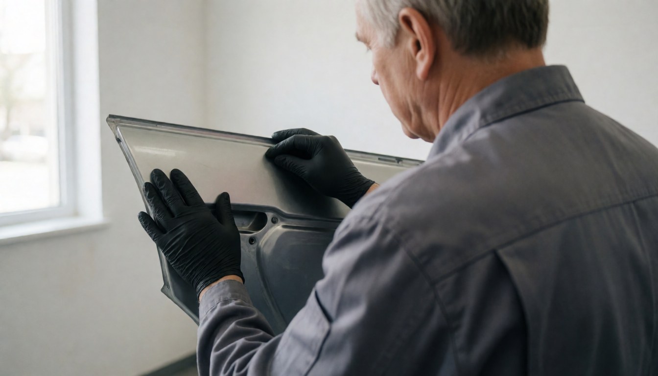 Un technicien en gants noirs examine un panneau de porte automobile dans un atelier éclairé par la lumière naturelle sur fond blanc.