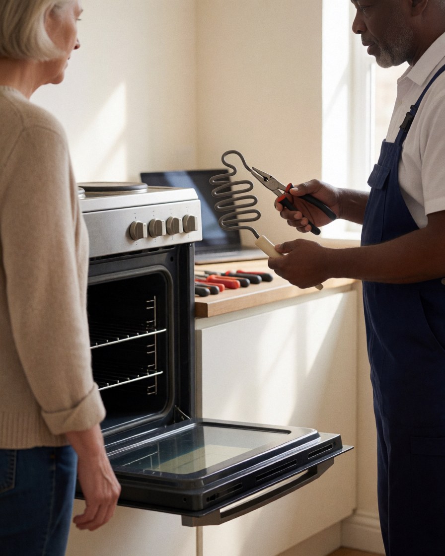 Un technicien en réparation de fours montre à un client un élément de chauffage endommagé dans une cuisine.