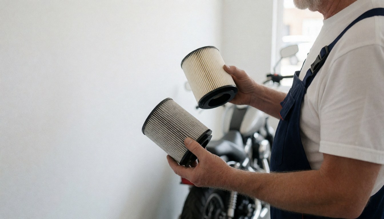 Mécanicien tenant un filtre neuf et un filtre sale devant une moto dans un atelier de réparation avec un mur blanc en arrière-plan.