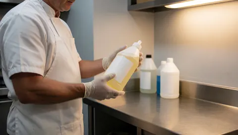 Technicien en cuisine commerciale avec des gants tenant une bouteille de détartrant, montrant l'équipement de nettoyage et l'environnement de travail.