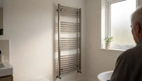 Radiateur serviteur chauffant dans une salle de bain moderne avec lumière naturelle, murs blancs et espace pour texte publicitaire.