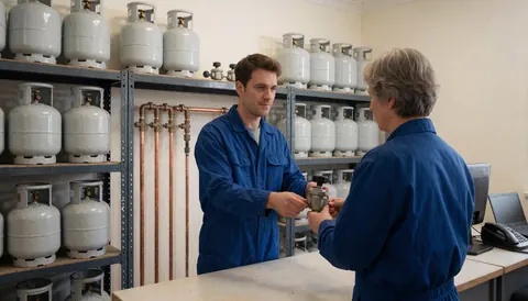 Un technicien en uniforme bleu remet un régulateur de gaz à un client dans un entrepôt rempli de réservoirs LPG et de tuyauterie en cuivre.
