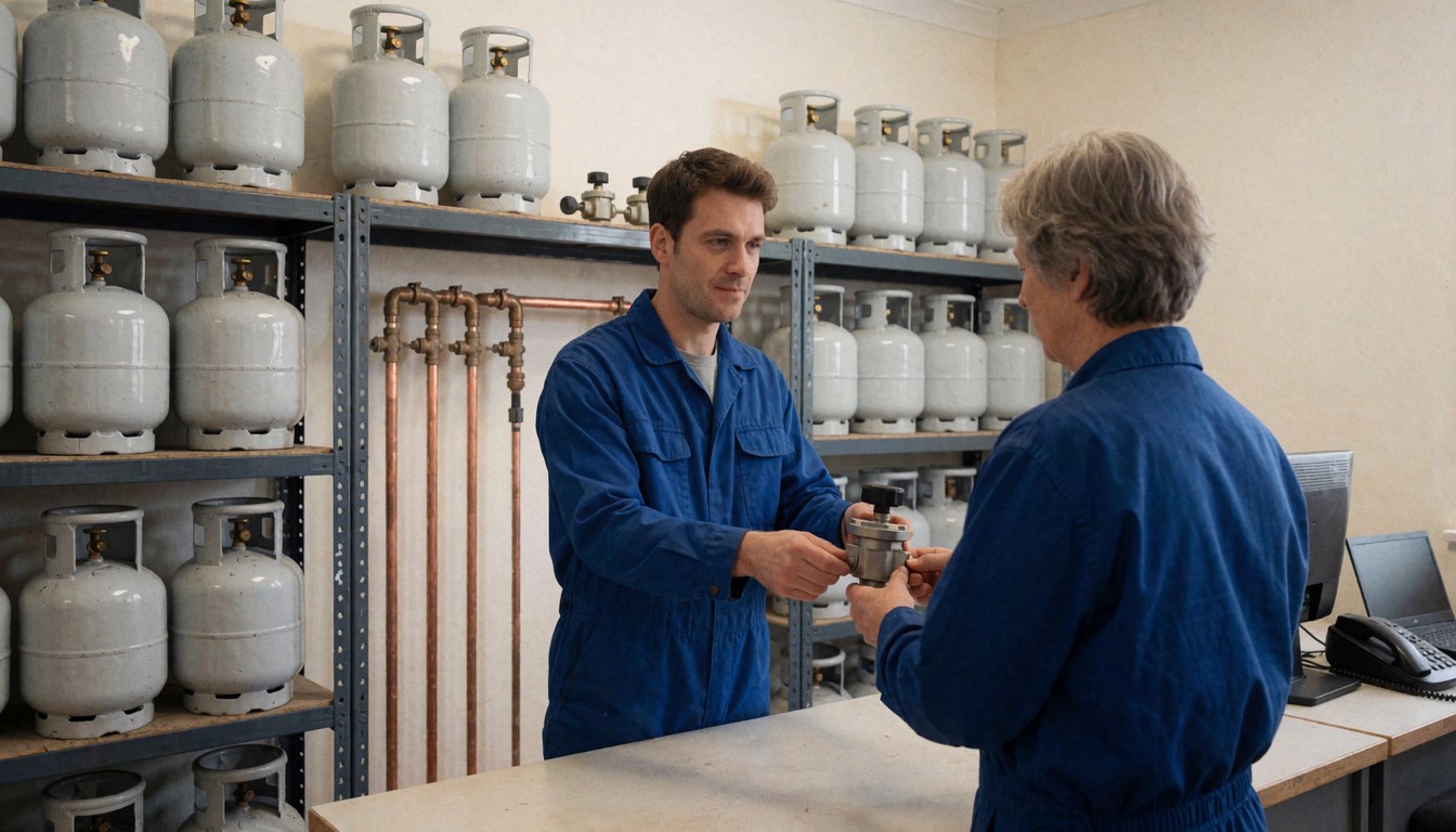 Un technicien en uniforme bleu remet un régulateur de gaz à un client dans un entrepôt rempli de réservoirs LPG et de tuyauterie en cuivre.