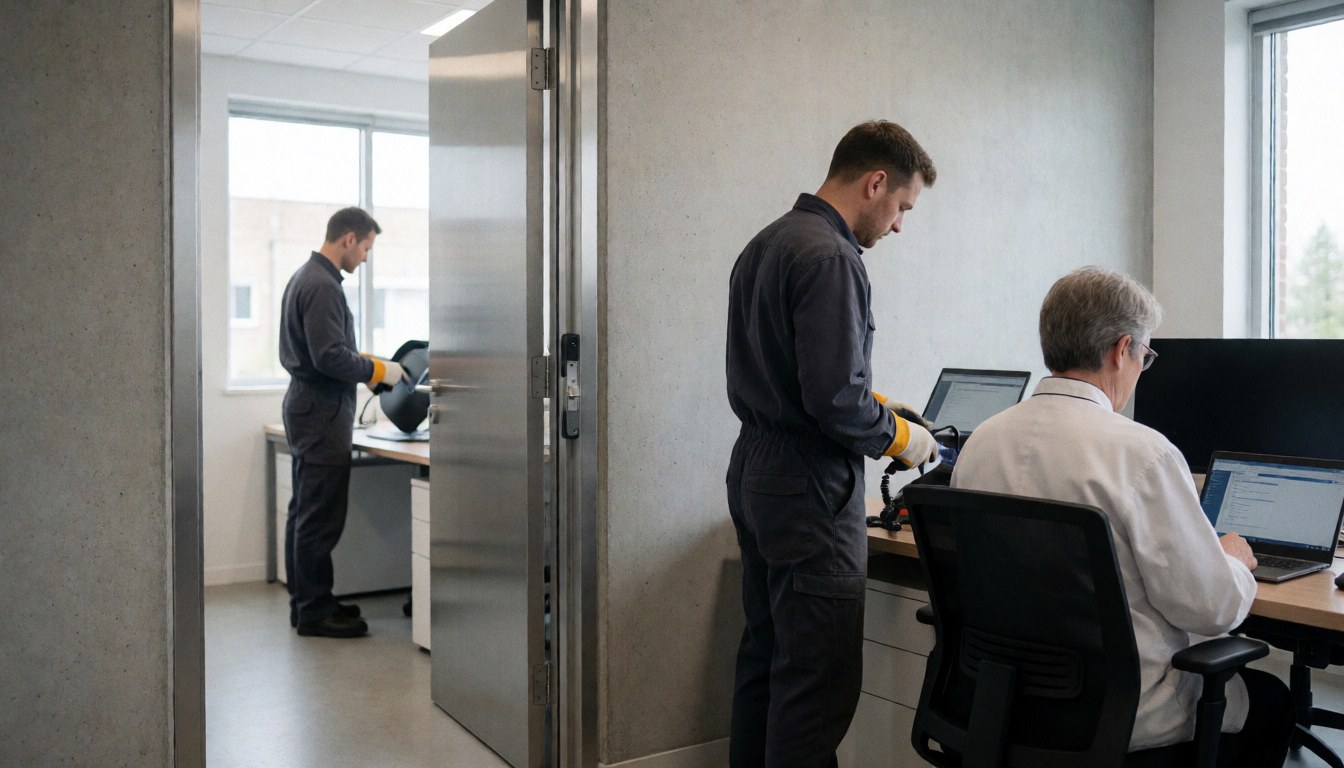 Un technicien installe un verrou électrique sur une porte en acier dans un couloir de bureau moderne, avec des outils visibles.