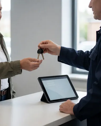 Mécanicien en uniforme remet les clés à un client satisfait derrière un comptoir, tenant une tablette, dans un bureau moderne et lumineux.